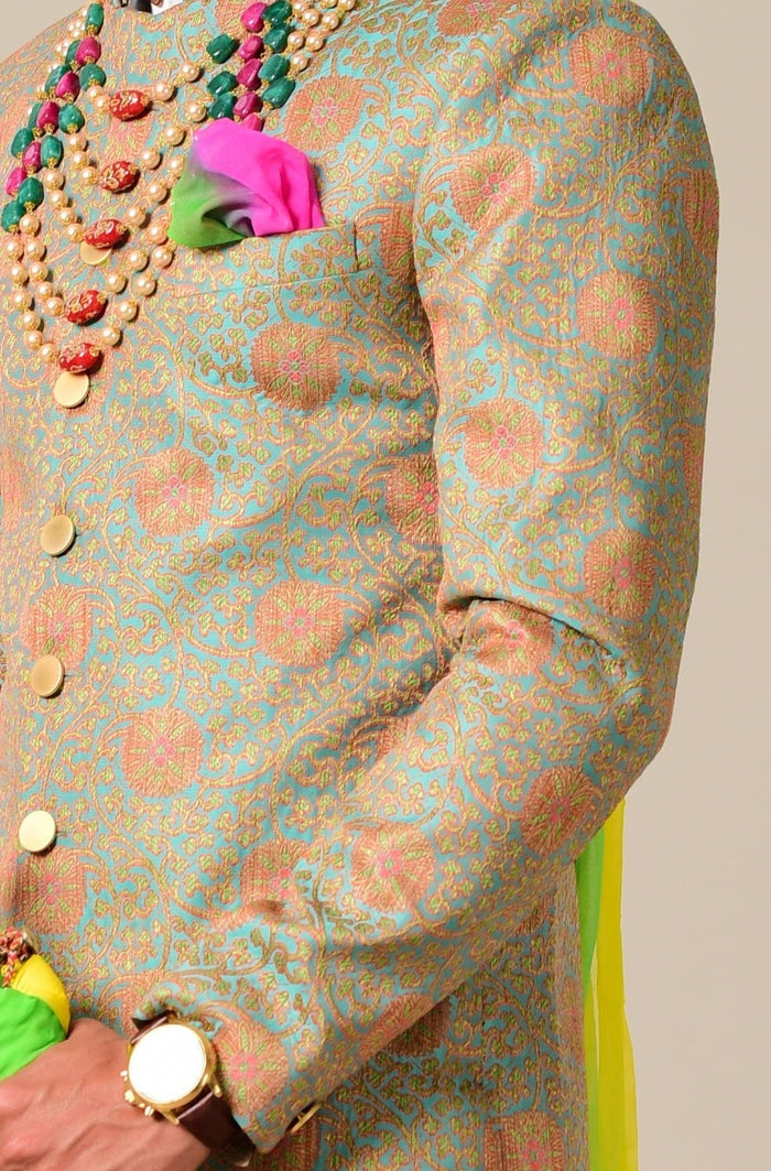 Sage Green and Pink Designer Brocade Achkan