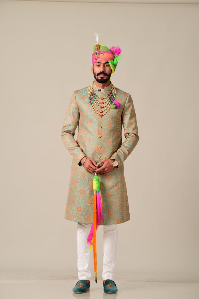 Sage Green and Pink Designer Brocade Achkan