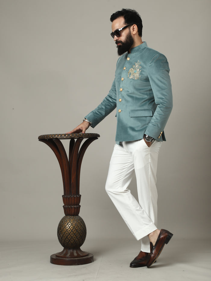 Sage Green Embroidered Bandhgala Suit with Ivory Pants | Luxury Wedding Wear