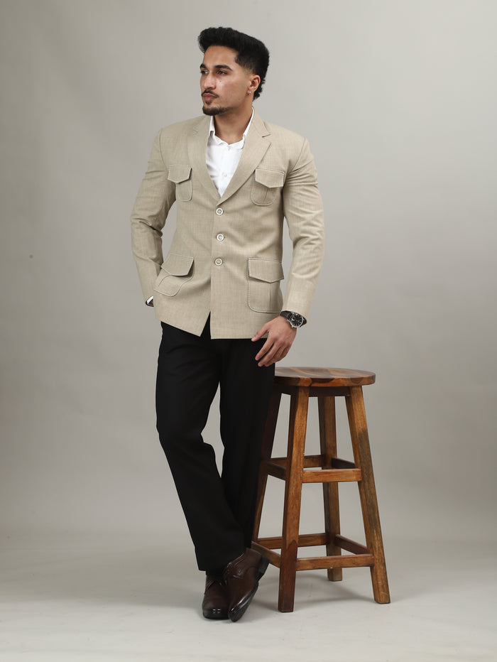 Sand Beige Celebration Blazer with Signature Pocket Detailing