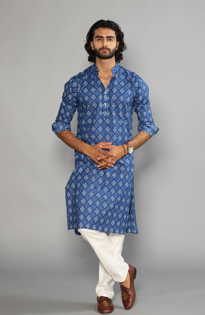 Sanganeri Block Print Navy Blue Kurta Pyjama Set