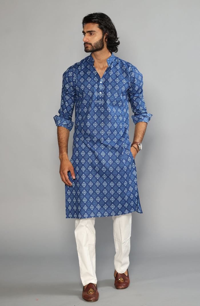 Sanganeri Block Print Navy Blue Kurta Pyjama Set