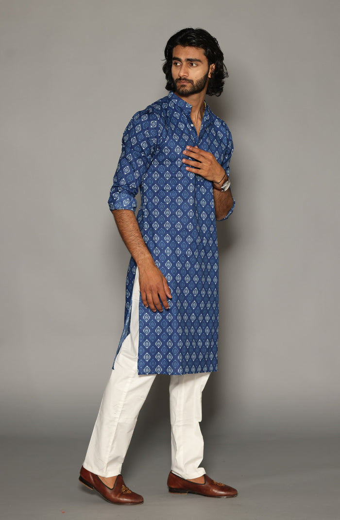 Sanganeri Block Print Navy Blue Kurta Pyjama Set