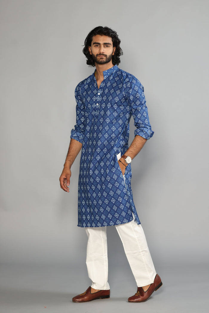 Sanganeri Block Print Navy Blue Kurta Pyjama Set