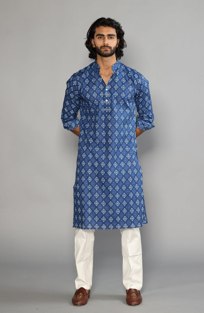 Sanganeri Block Print Navy Blue Kurta Pyjama Set