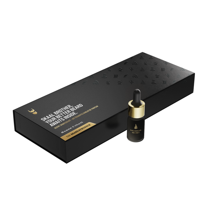 Scent Raider Sample Kit closed black gift box with an Asgardian Secret beard oil sample bottle in front, The Beard Struggle