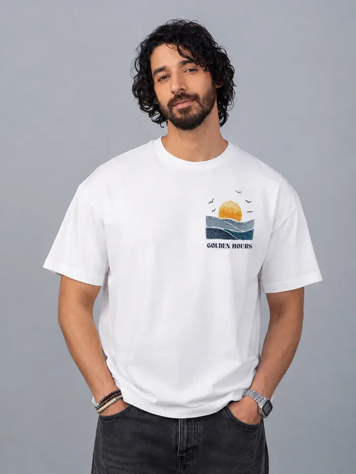 Seaside White Oversized Cotton Graphic Tee