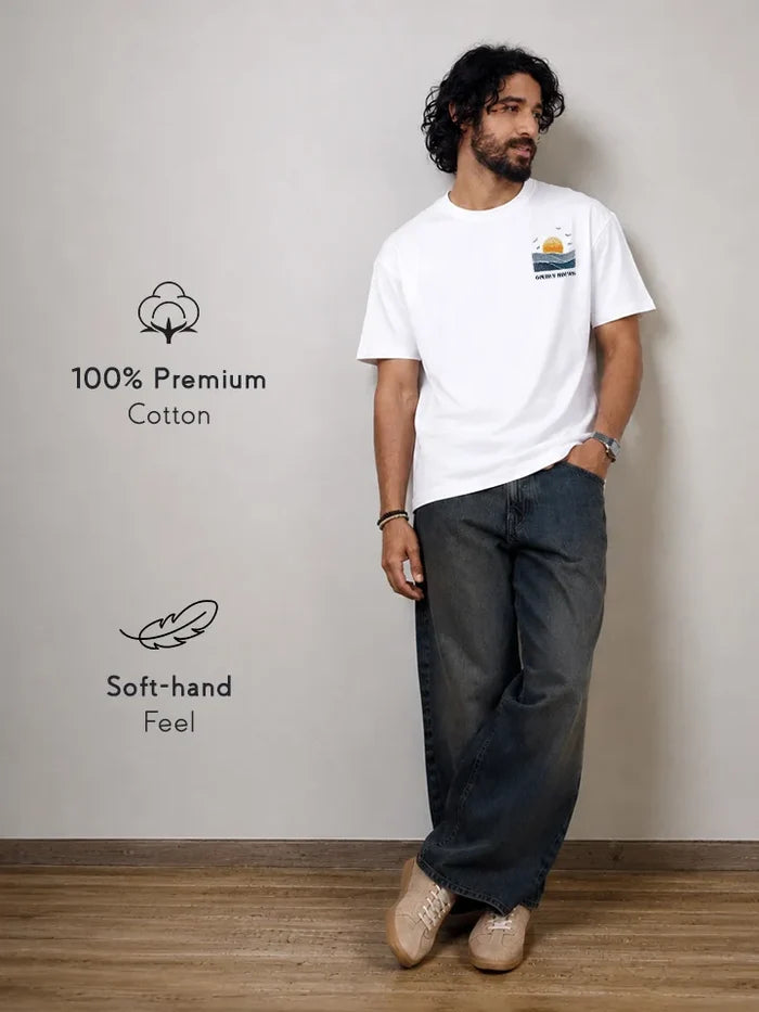 Seaside White Oversized Cotton Graphic Tee - premium cotton
