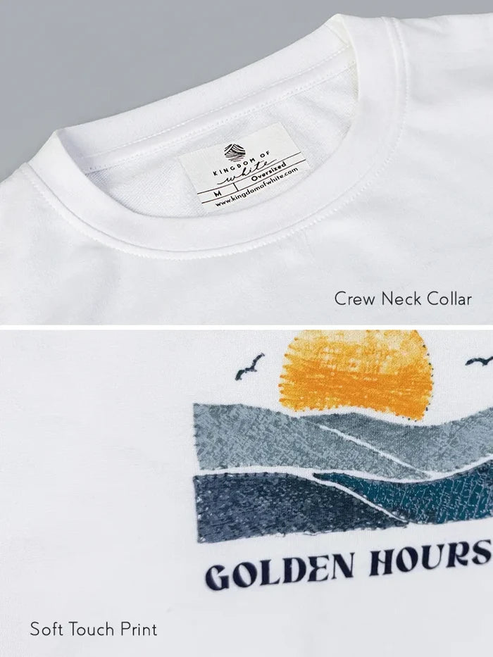 Seaside White Oversized Cotton Graphic Tee - Crew neck