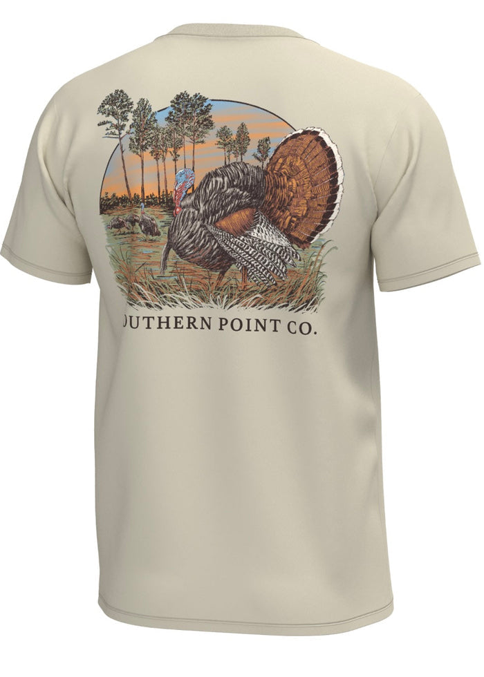 Southern point turkey strutting in field short sleeve t-shirt spring