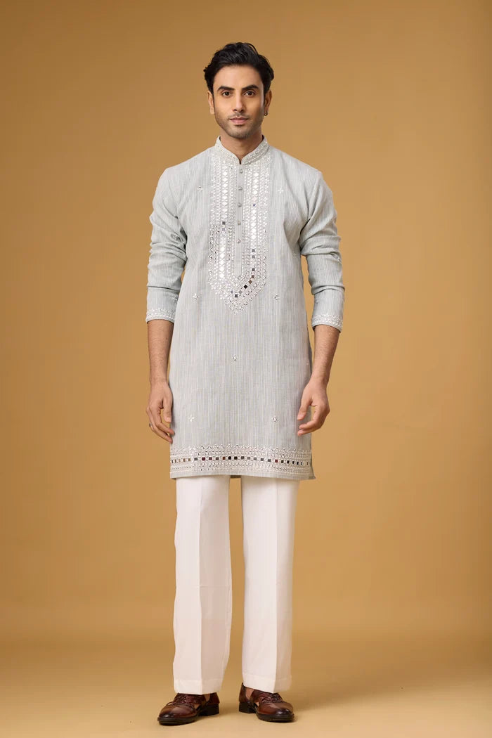 Silver Mist Embroidered Kurta Set for Men | Mahavir NX