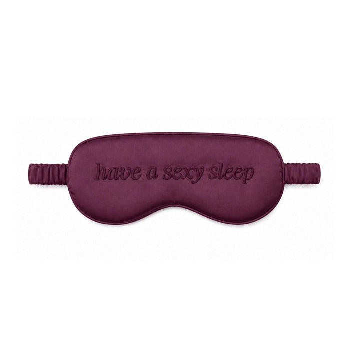 Burgundy silk sleep mask embroidered with 'have a sexy sleep'