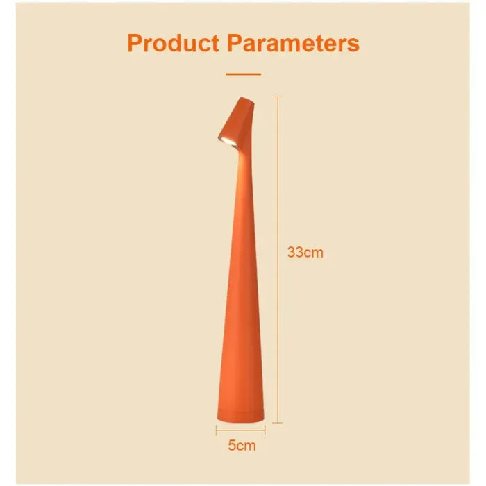 A tall orange cone with the measurements of the cone
