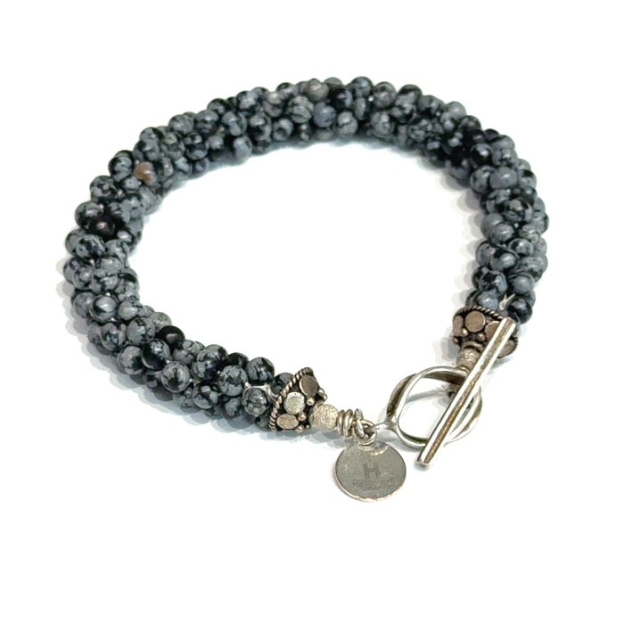 Snowflake Obsidian Crocheted Bracelet, Size 7.5, Smooth Round Beads, Sterling Silver Toggle