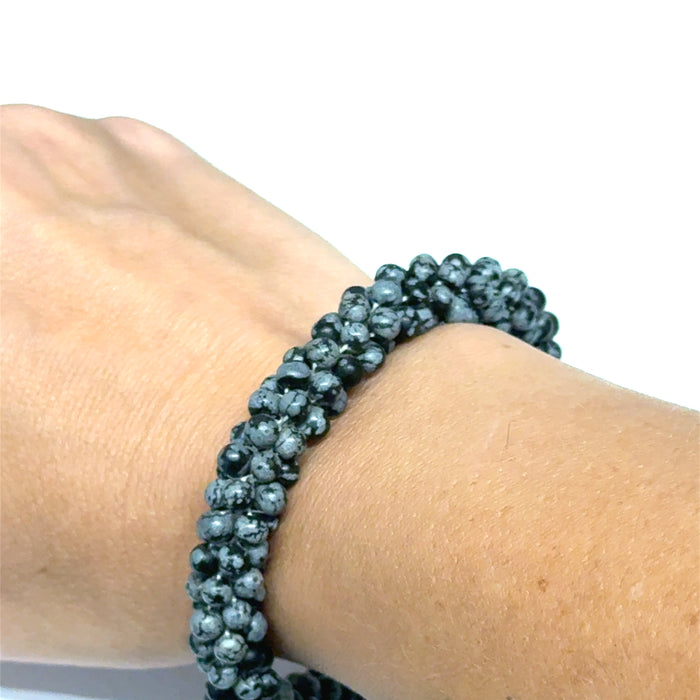 Snowflake Obsidian Crocheted Bracelet, Size 7.5, Smooth Round Beads, Sterling Silver Toggle