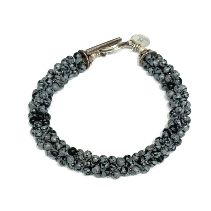 Snowflake Obsidian Crocheted Bracelet, Size 7.5, Smooth Round Beads, Sterling Silver Toggle