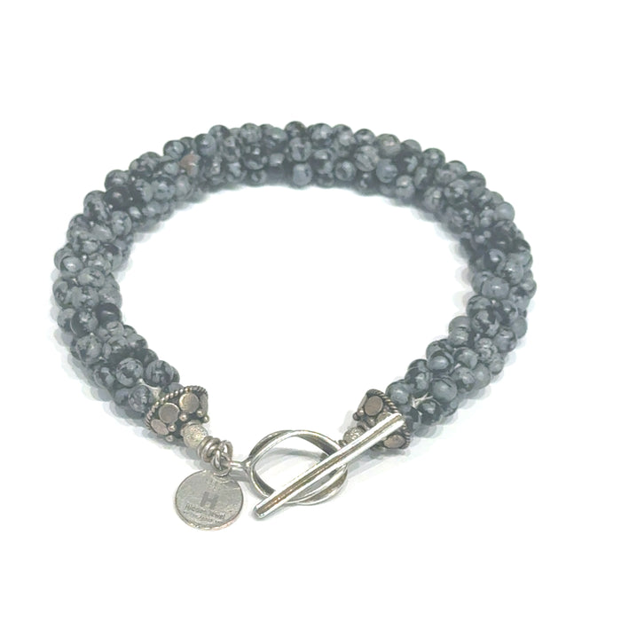 Snowflake Obsidian Crocheted Bracelet, Size 7.5, Smooth Round Beads, Sterling Silver Toggle