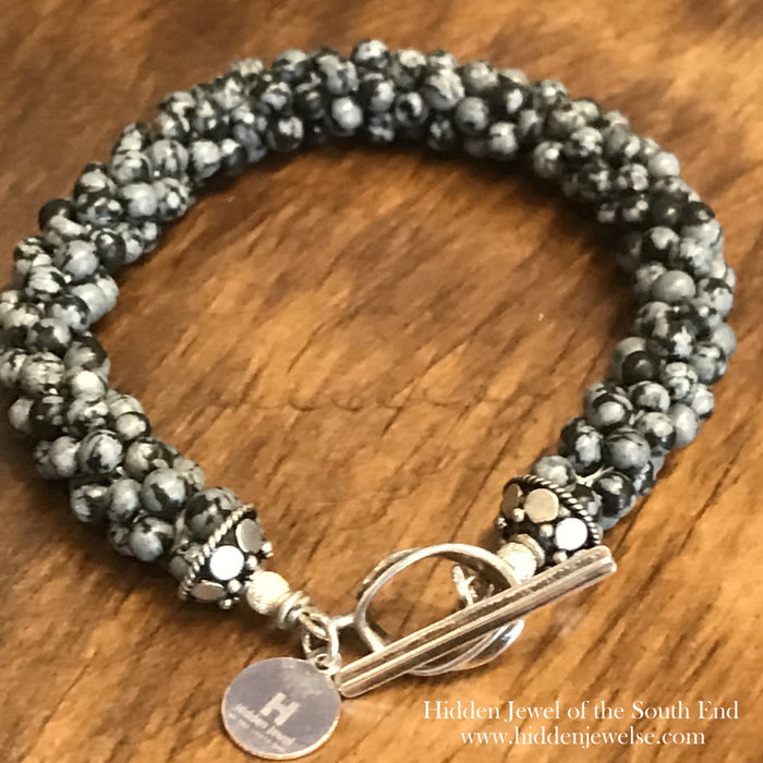 Snowflake Obsidian Crocheted Bracelet, Size 7.5, Smooth Round Beads, Sterling Silver Toggle