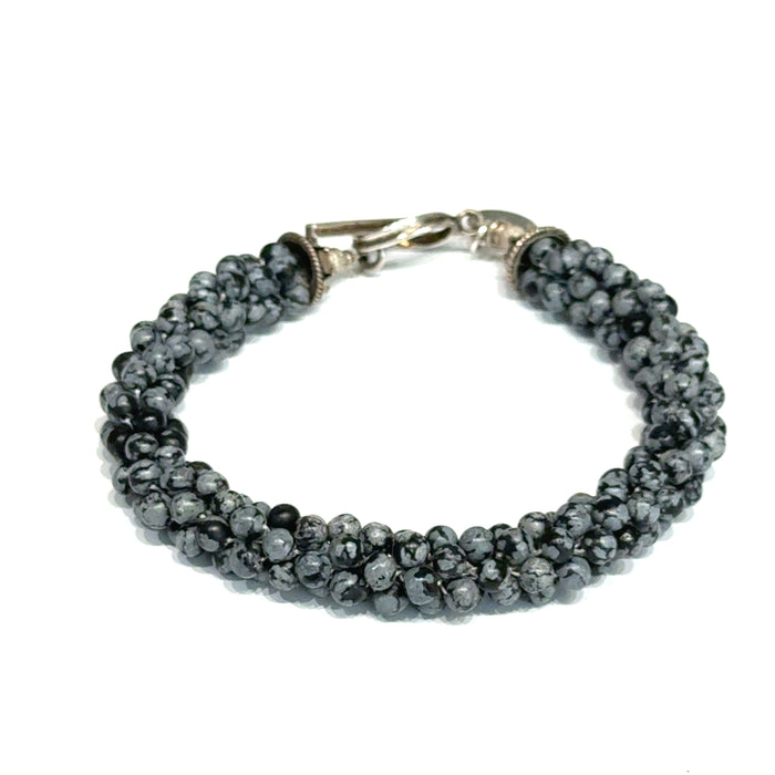 Snowflake Obsidian Crocheted Bracelet, Size 7.5, Smooth Round Beads, Sterling Silver Toggle