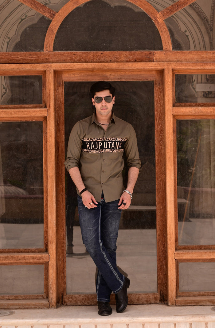 Solid Cotton Tiger Print Stripe Moss Green Rajputana Shirt