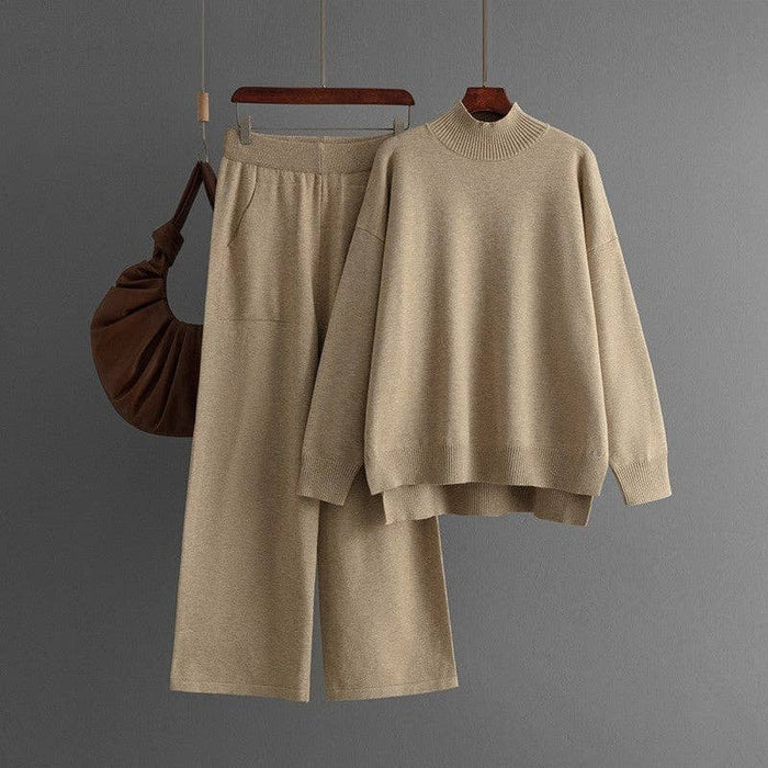 Solid Knit Mock Neck Slit Sweater Pants Set Khaki (One Size)