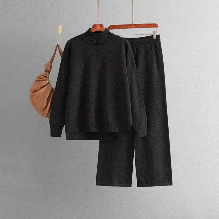 Solid Knit Mock Neck Slit Sweater Pants Set Khaki (One Size)