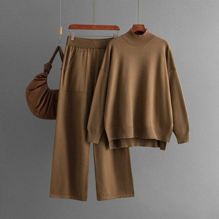 Solid Knit Mock Neck Slit Sweater Pants Set Khaki (One Size)