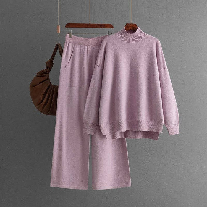 Solid Knit Mock Neck Slit Sweater Pants Set Khaki (One Size)