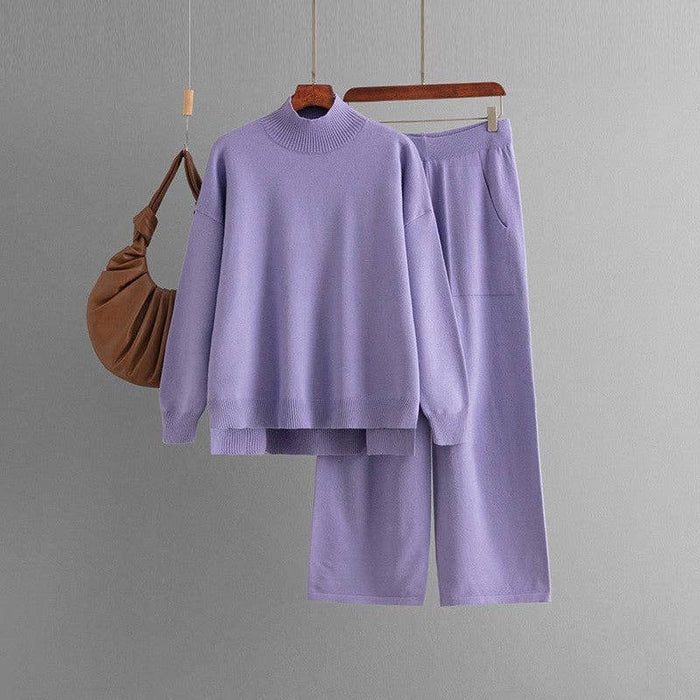Solid Knit Mock Neck Slit Sweater Pants Set Khaki (One Size)