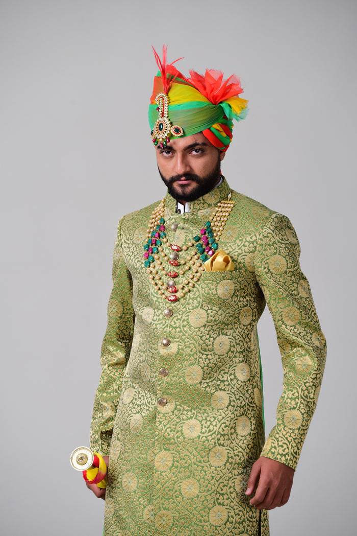 Spring Bug and Golden Brocade Designer Royal Rajputana Achkan