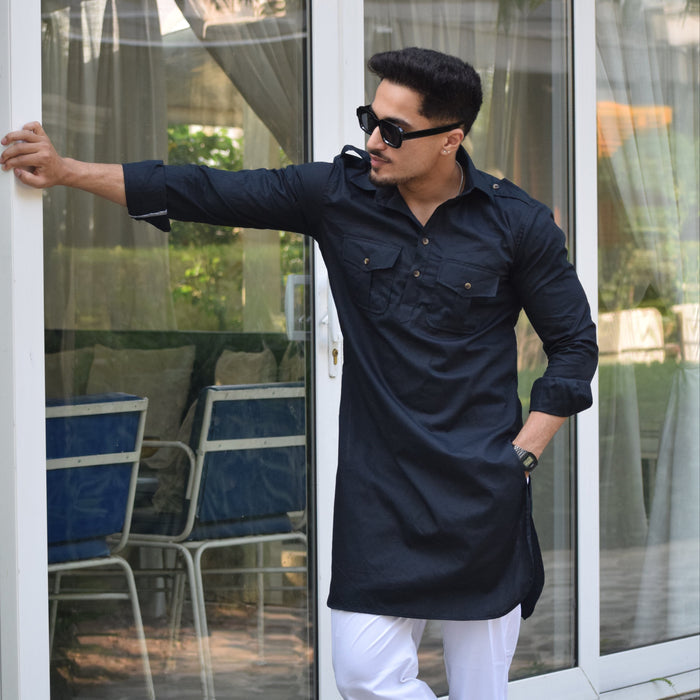Squid Ink Colour Short Hunting Style Kurta-Pajama set