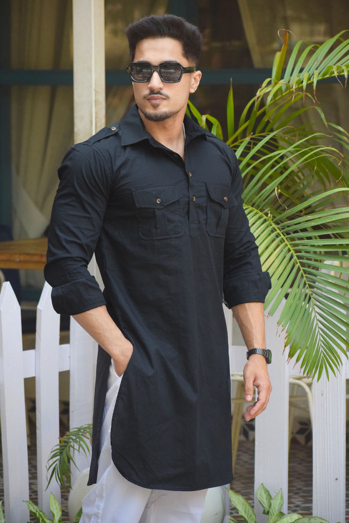 Squid Ink Colour Short Hunting Style Kurta-Pajama set