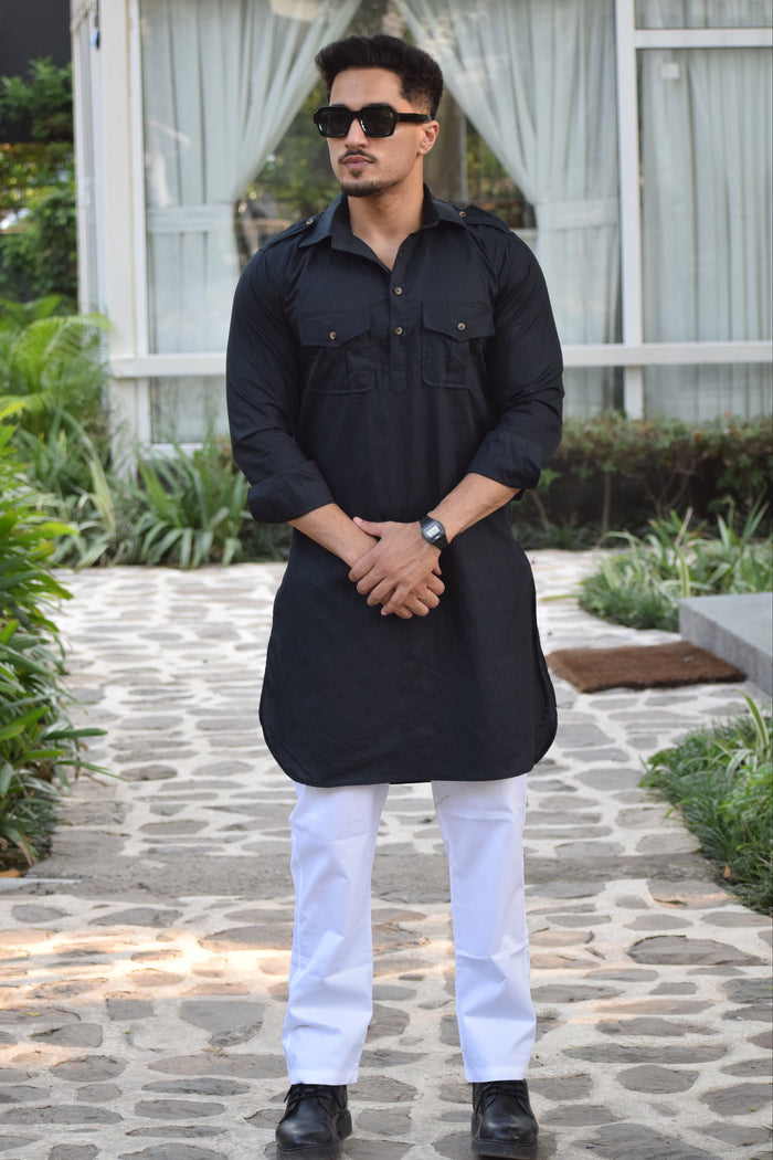 Squid Ink Colour Short Hunting Style Kurta-Pajama set