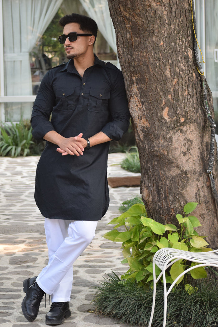 Squid Ink Colour Short Hunting Style Kurta-Pajama set