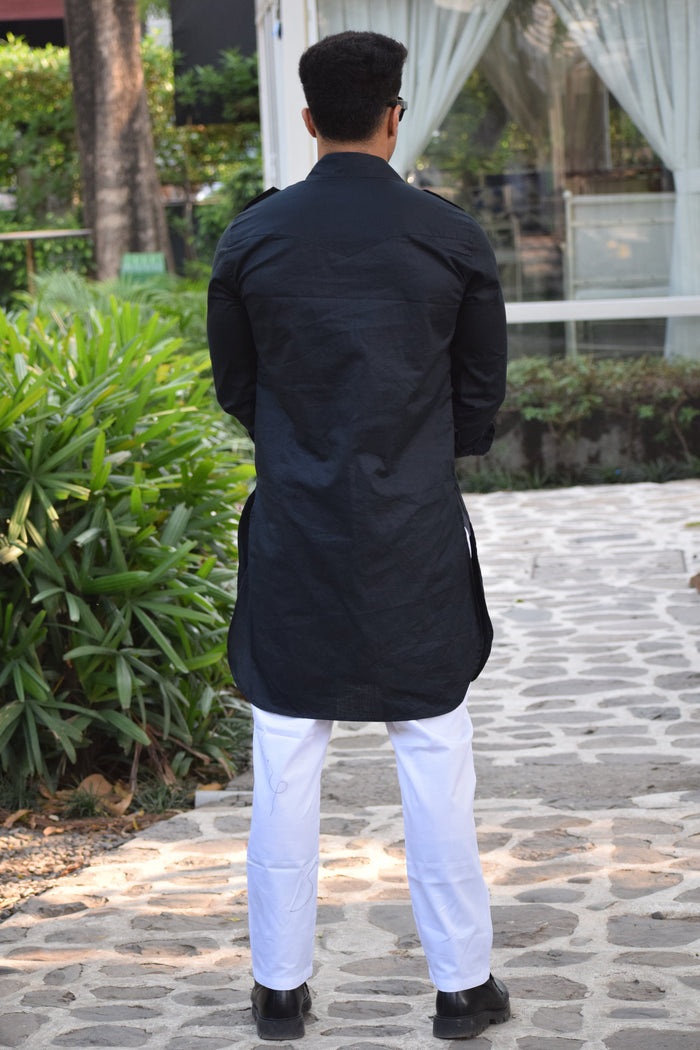 Squid Ink Colour Short Hunting Style Kurta-Pajama set