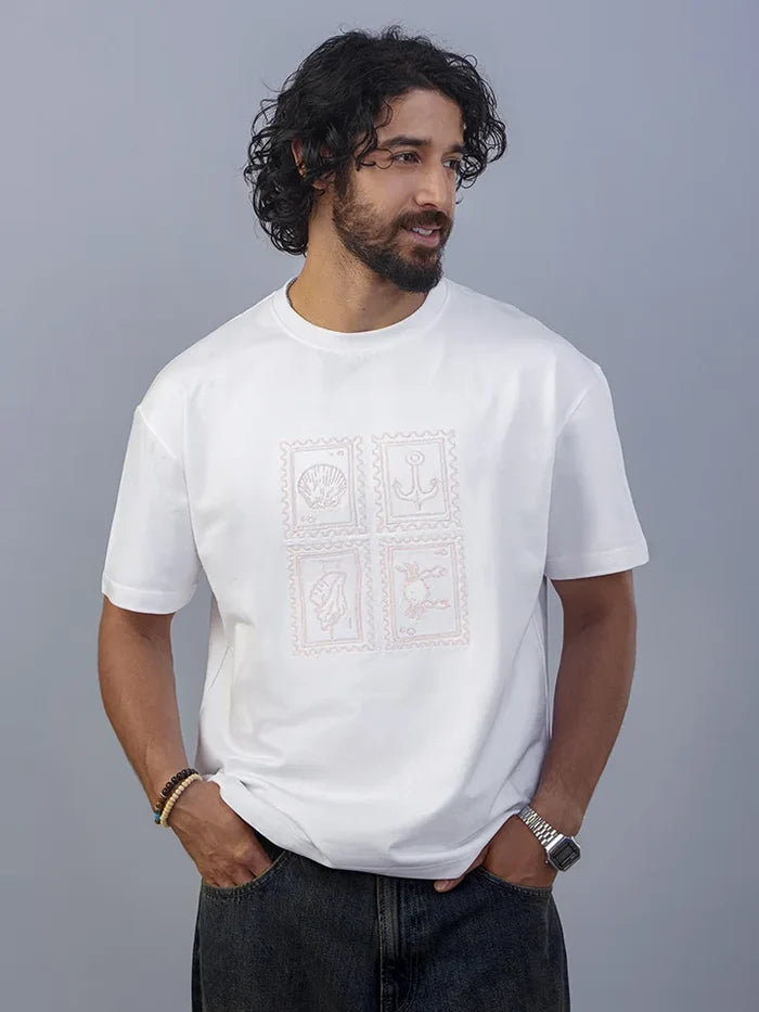 Stamps White Oversized Cotton Embroidered Tee