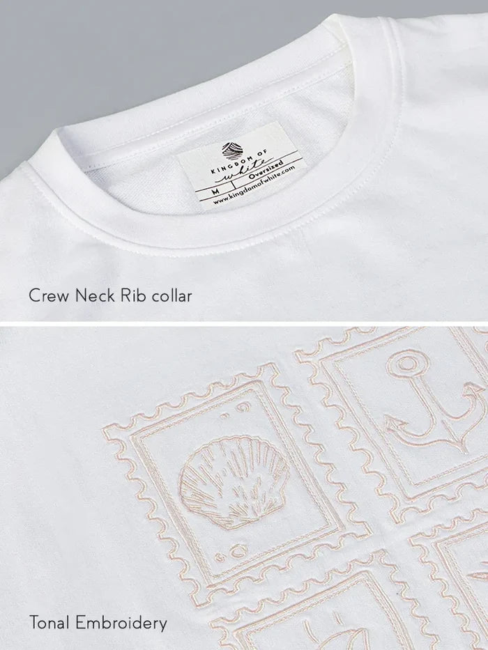 Stamps White Oversized Cotton Embroidered Tee - crew neck