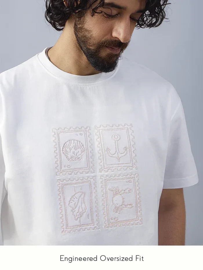 Stamps White Oversized Cotton Embroidered Tee - fit