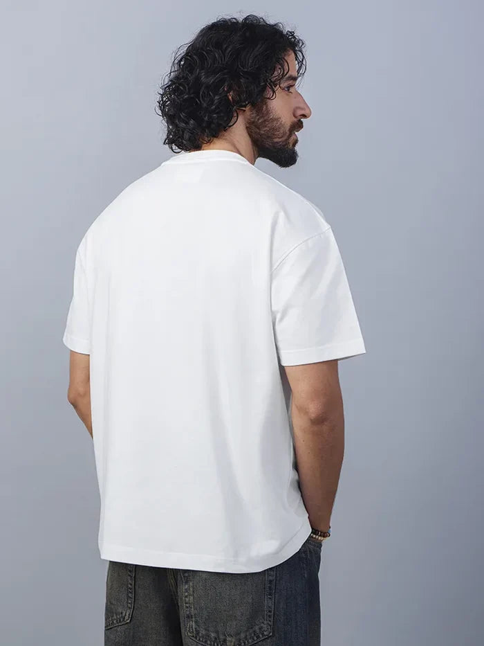 Stamps White Oversized Cotton Embroidered Tee - back view