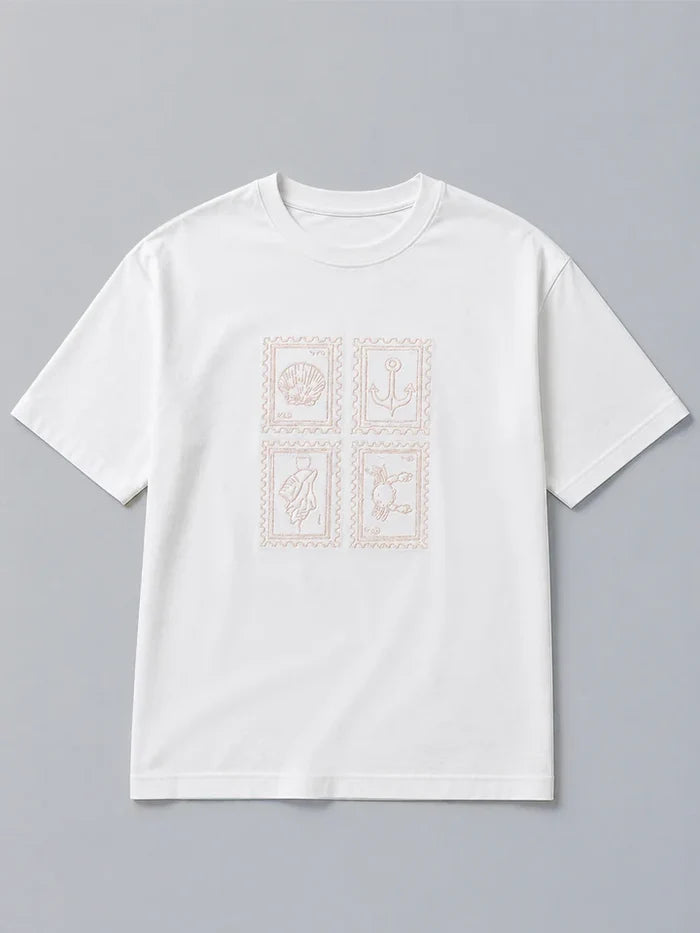 Stamps White Oversized Cotton Embroidered Tee - Plain view