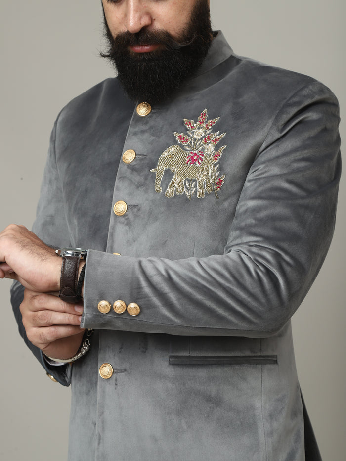 Steel Grey Embroidered Bandhgala Jacket with Ivory Pants | Luxury Wedding Set