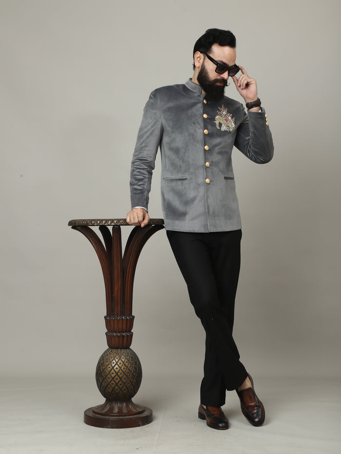 Steel Grey Embroidered Bandhgala Jacket with Ivory Pants | Luxury Wedding Set