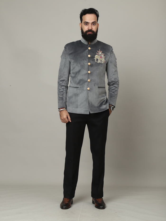 Steel Grey Embroidered Bandhgala Jacket with Ivory Pants | Luxury Wedding Set