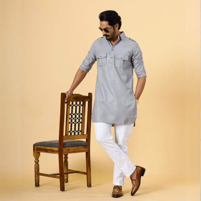 Steel Grey Hunting Style Kurta-Pajama Set
