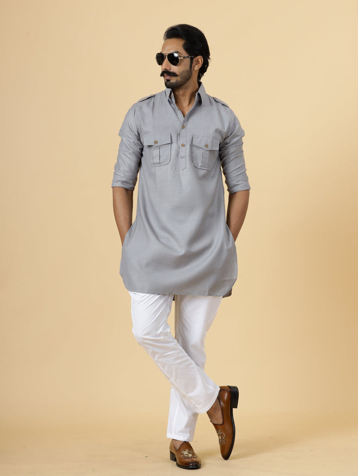 Steel Grey Hunting Style Kurta-Pajama Set