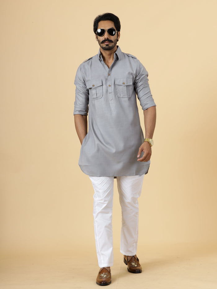 Steel Grey Hunting Style Kurta-Pajama Set