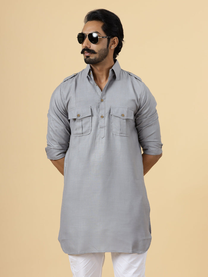Steel Grey Hunting Style Kurta-Pajama Set