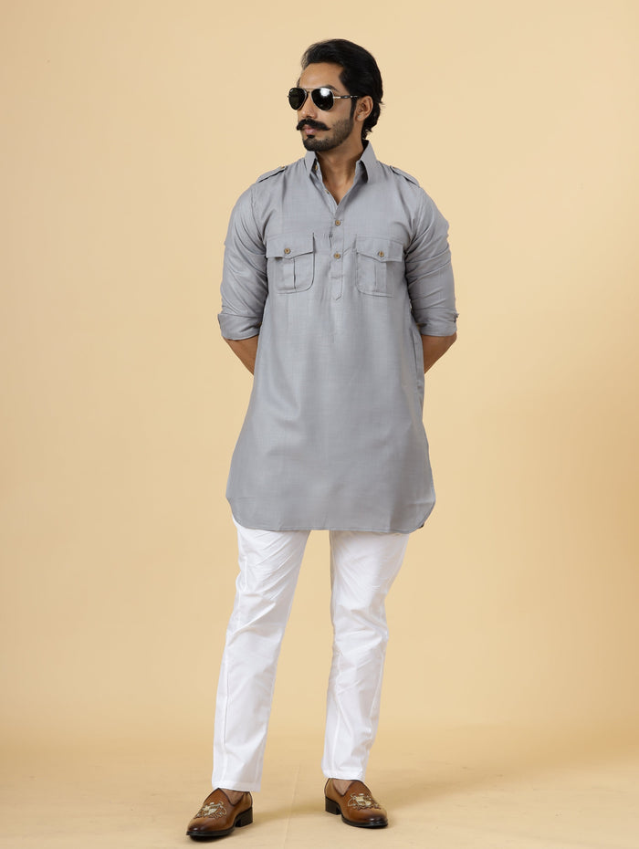 Steel Grey Hunting Style Kurta-Pajama Set