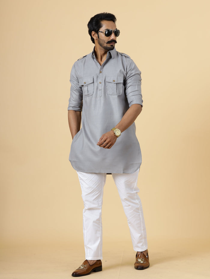 Steel Grey Hunting Style Kurta-Pajama Set