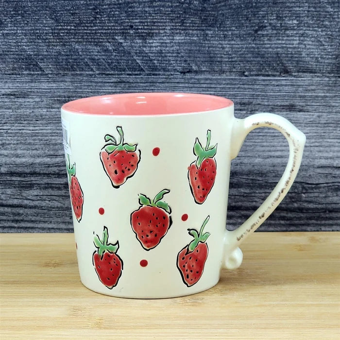 Strawberry Coffee Mug Ceramic Fruit Art Tea Cup Blue Sky Embossed Botanical Pink